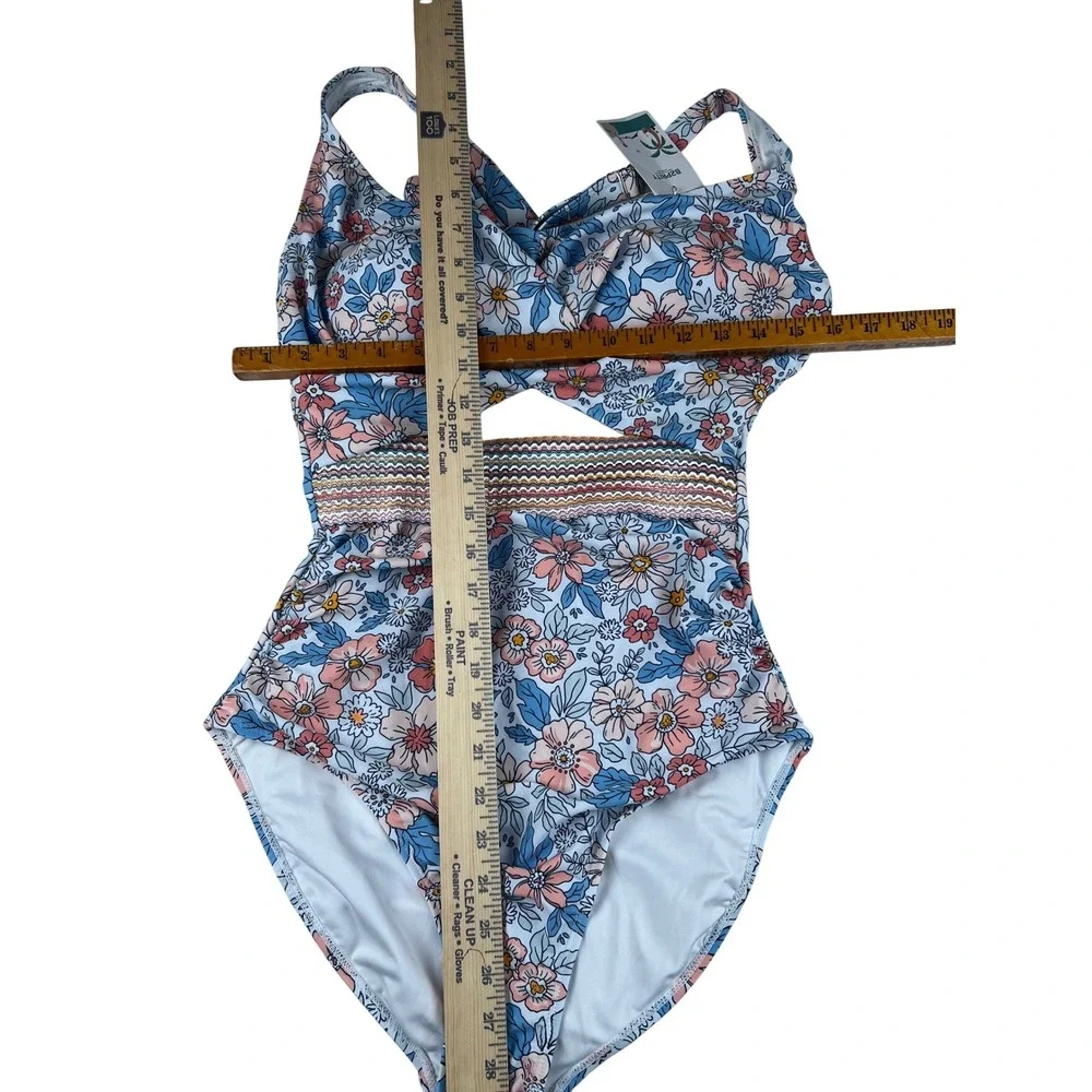 B2PRITY Floral One‎ Piece Swimsuit Blue Pink Cutout Wrap Front Medium NWT